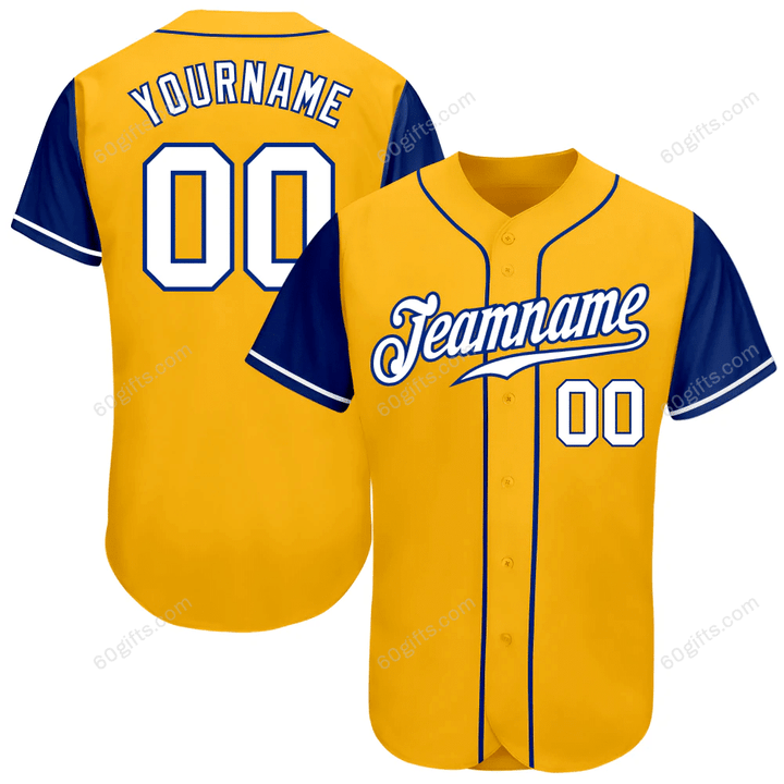 Customized Merry Christmas, Happy New Year Gift Ideas Baseball Jersey Gold White-Royal Authentic Two Tone Personalized Baseball Shirt