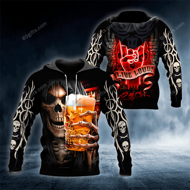 Happy Halloween 3d Hoodie, Zip Hoodie, Hoodie Dress, Sweatshirt Skeleton Drinking Beer Skull All Over Print