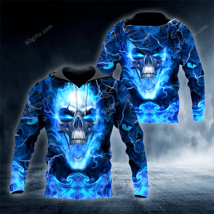 Happy Halloween 3d Hoodie, Zip Hoodie, Hoodie Dress, Sweatshirt Blue Flaming Skull All Over Print