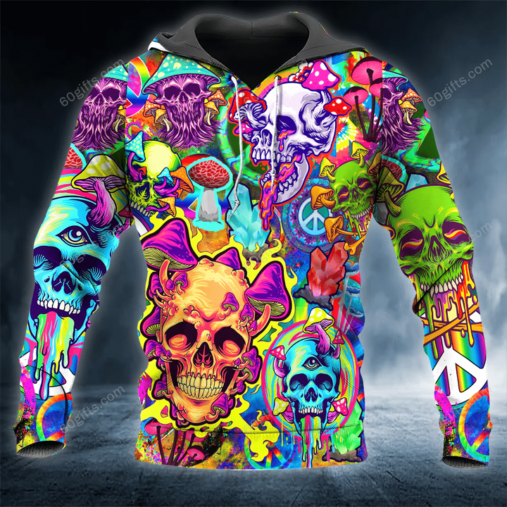 Happy Halloween 3d Hoodie, Zip Hoodie, Hoodie Dress, Sweatshirt Colorful Psychedelic Magic Mushroom Trippy Skull All Over Print