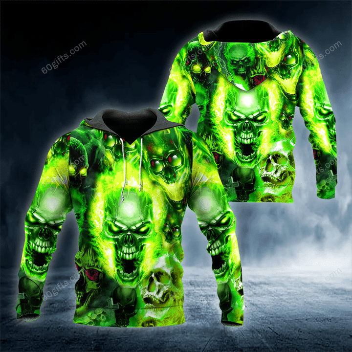 Happy Halloween 3d Hoodie, Zip Hoodie, Hoodie Dress, Sweatshirt Green Flame Ghost Skull All Over Print