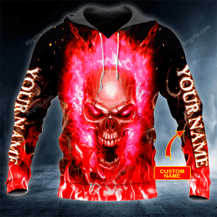 Customized Name Happy Halloween 3d Hoodie, Zip Hoodie, Hoodie Dress, Sweatshirt Angry Red Fire Skull Personalized All Over Print