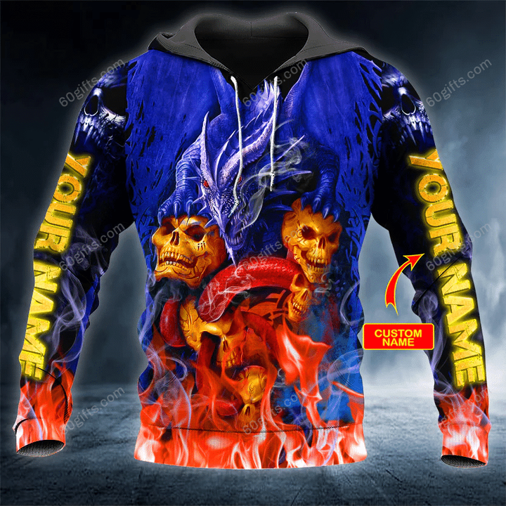 Customized Name Happy Halloween 3d Hoodie, Zip Hoodie, Hoodie Dress, Sweatshirt Dragon Killer Fire Skull Personalized All Over Print