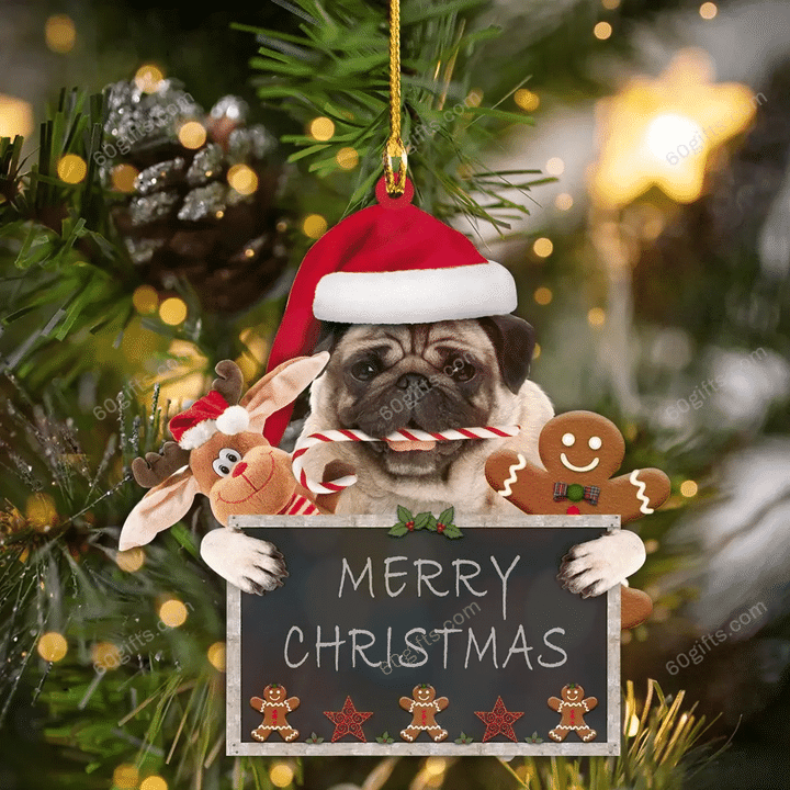 Pug Merry Christmas Board Ornament - Christmas Gift For Family, For Her, Gift For Him, Gift For Pets Lover Shape Ornament.