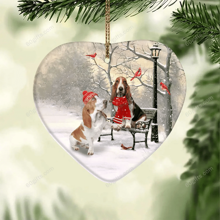 Basset Hound Winter Christmas Heart Ceramic Ornament - Christmas Gift For Family, For Her, Gift For Him Two Sided Ornament