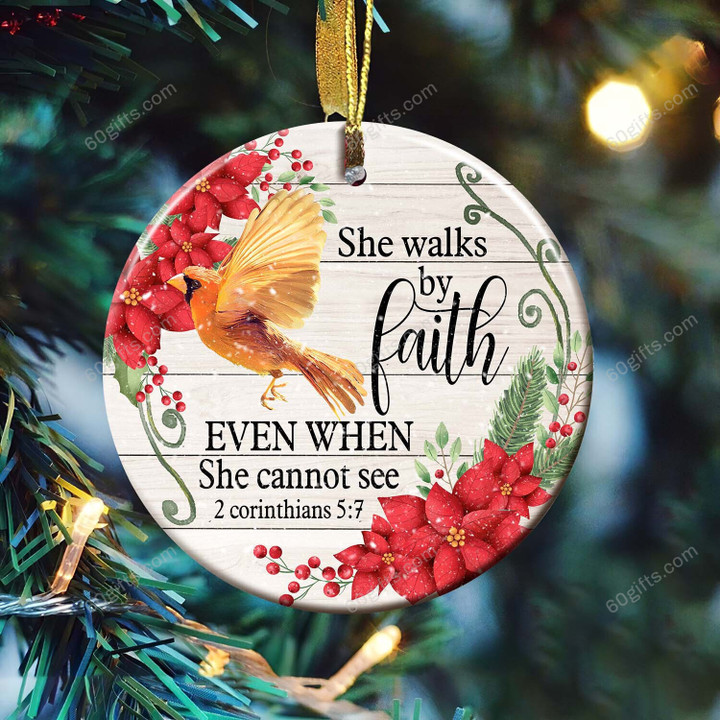 Cardinal She Walks By Faith Christmas Circle Ceramic Ornament - Christmas Gift For Family, For Her, Gift For Him Two Sided Ornament