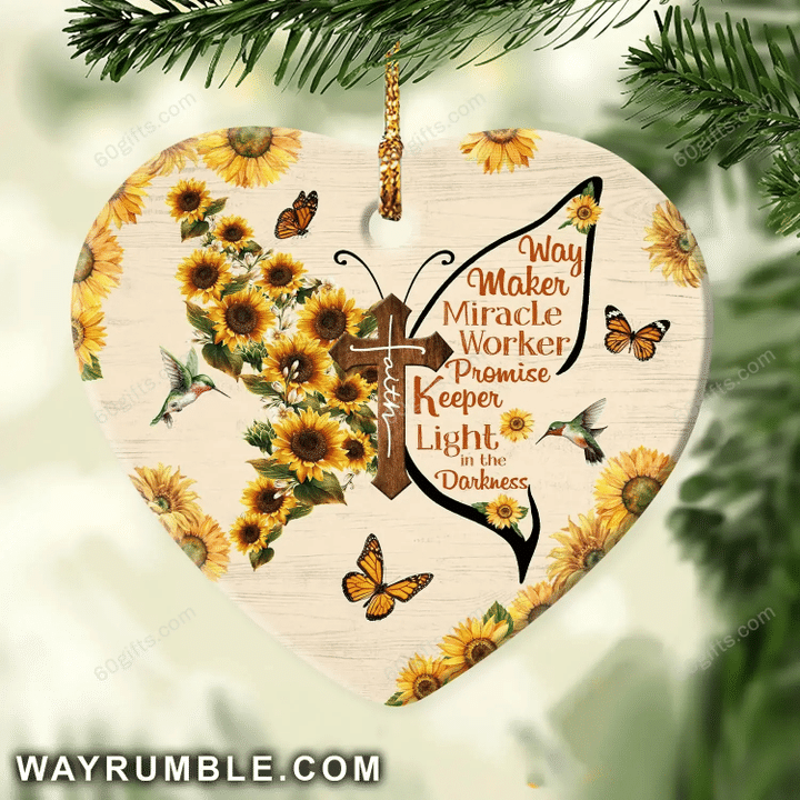 Jesus And Sunflower Way Marker Christmas Heart Ceramic Ornament - Christmas Gift For Family, For Her, Gift For Him Two Sided Ornament