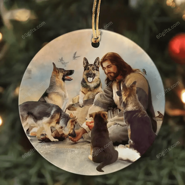 Jesus And The German Shepherds Christmas Circle Ceramic Ornament - Christmas Gift For Family, For Her, Gift For Him Two Sided Ornament