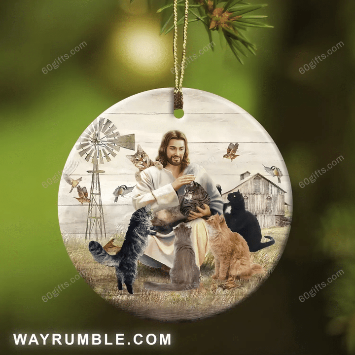 Jesus Playing With Cats On Farm Christmas Circle Ceramic Ornament - Christmas Gift For Family, For Her, Gift For Him Two Sided Ornament