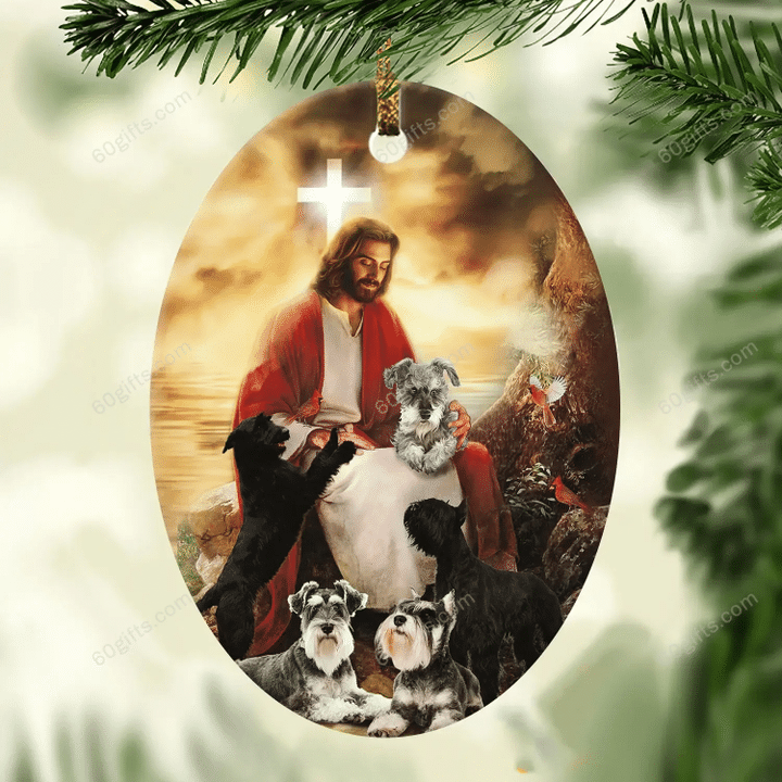 Schnauzer Sitting With Jesus Christmas Oval Ceramic Ornament - Christmas Gift For Family, For Her, Gift For Him Two Sided Ornament