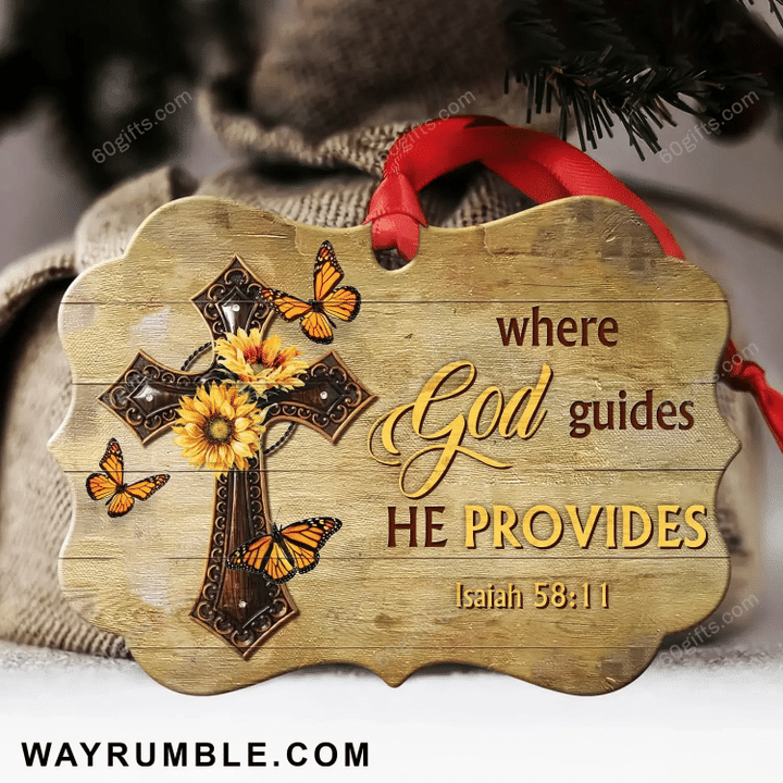 Butterfly & Sunflower Bible Where God Guides Medallion Metal Ornament - Christmas Gift For Family, For Her, Gift For Him Two Sided Ornament