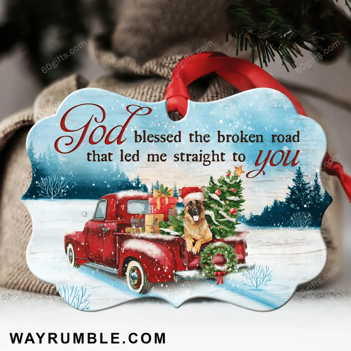 God Bless The Broken Road Red Truck Christmas Medallion Metal Ornament - Christmas Gift For Family, For Her, Gift For Him Two Sided Ornament