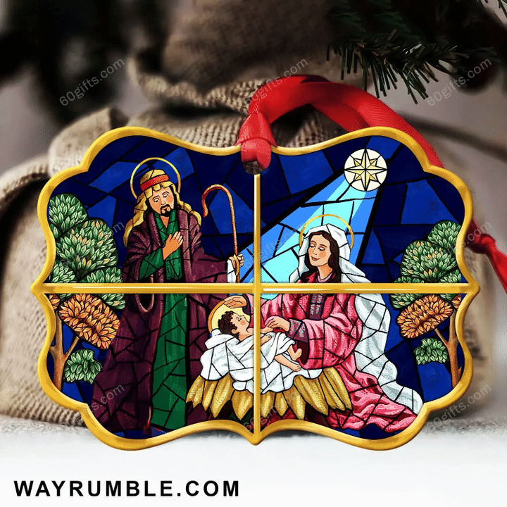 Jesus Born In A Beautiful Night Christmas Medallion Metal Ornament - Christmas Gift For Family, For Her, Gift For Him Two Sided Ornament