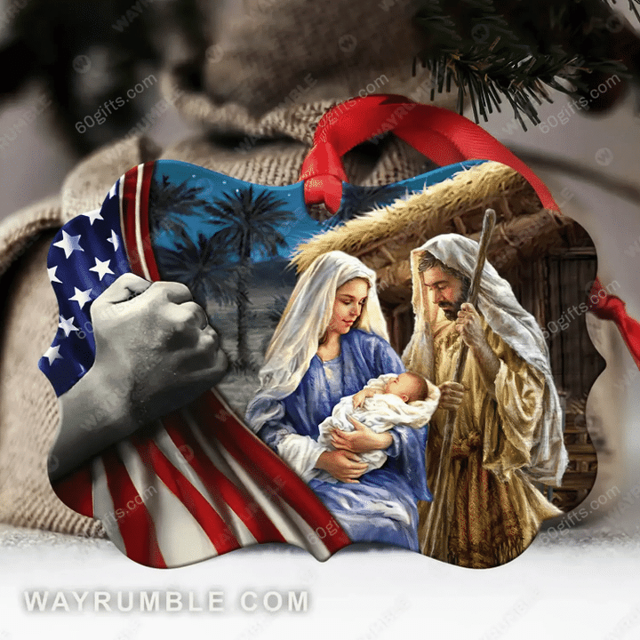 Jesus Painting American Flag Christmas Medallion Metal Ornament - Christmas Gift For Family, For Her, Gift For Him Two Sided Ornament
