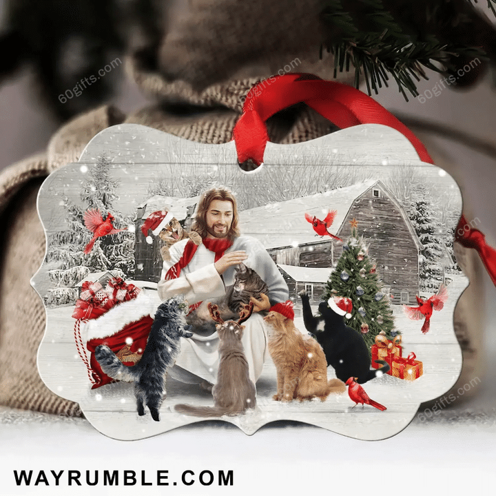 Jesus Painting Jesus and Cats Christmas Medallion Metal Ornament - Christmas Gift For Family, For Her, Gift For Him Two Sided Ornament