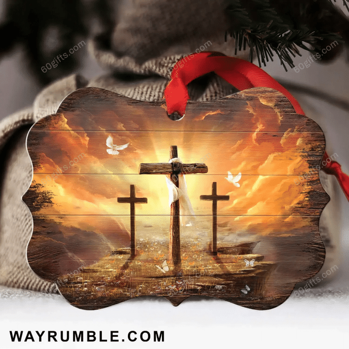 Sunset Painting The Three Crosses Christmas Medallion Metal Ornament - Christmas Gift For Family, For Her, Gift For Him Two Sided Ornament