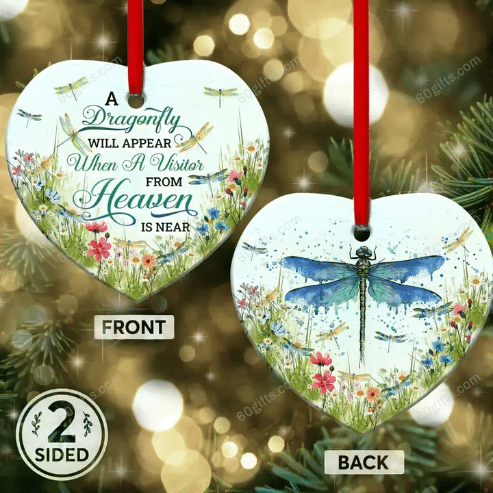 A Dragonfly Faith Memorial Christmas Heart Ceramic Ornament - Christmas Gift For Family, For Her, Gift For Him Two Sided Ornament