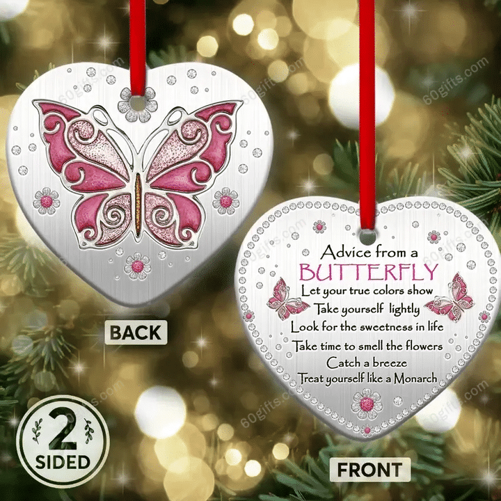 Pink Butterfly Advice Christmas Heart Ceramic Ornament - Christmas Gift For Family, For Her, Gift For Him Two Sided Ornament