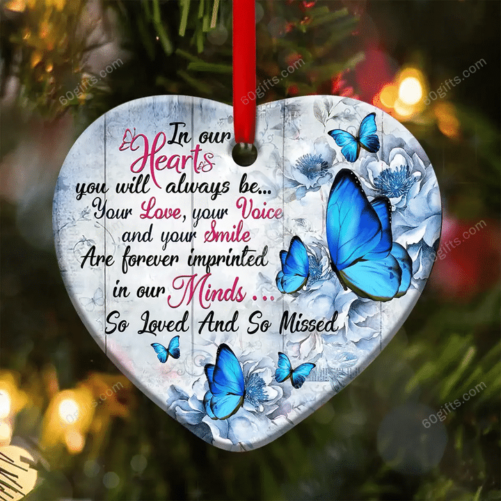 Butterfly In Our Heart Christmas Heart Ceramic Ornament - Christmas Gift For Family, For Her, Gift For Him Two Sided Ornament