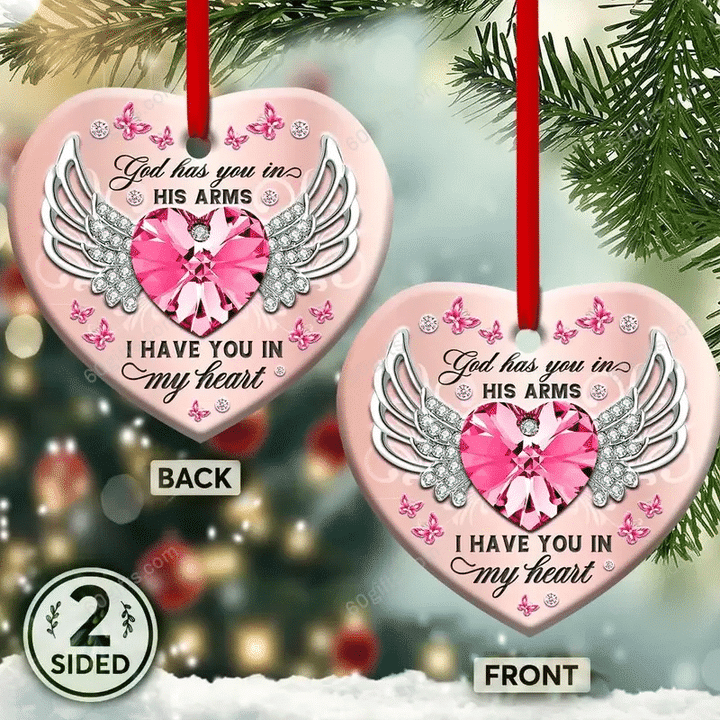 Butterfly Memorial God Has You In His Arms Christmas Heart Ceramic Ornament - Christmas Gift For Family, For Her, Gift For Him Two Sided Ornament