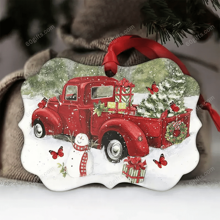 Butterfly Red Truck Memory Christmas Medallion Metal Ornament - Christmas Gift For Family, For Her, Gift For Him Two Sided Ornament