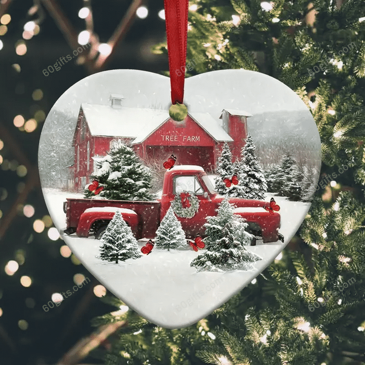 Butterfly Red Truck Snow Christmas Heart Ceramic Ornament - Christmas Gift For Family, For Her, Gift For Him Two Sided Ornament