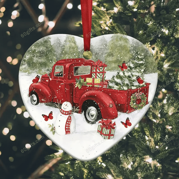 Butterfly Red Truck Memory Christmas Heart Ceramic Ornament - Christmas Gift For Family, For Her, Gift For Him Two Sided Ornament