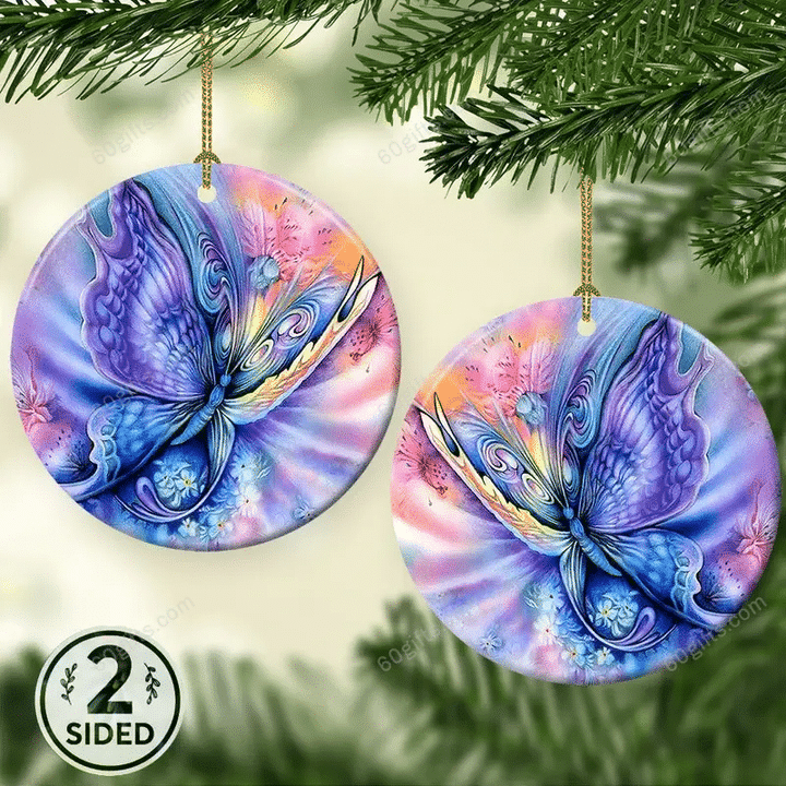 Butterfly Color Christmas Circle Ceramic Ornament - Christmas Gift For Family, For Her, Gift For Him Two Sided Ornament