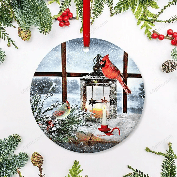 Cardinal Lantern Christmas Circle Ceramic Ornament - Christmas Gift For Family, For Her, Gift For Him Two Sided Ornament