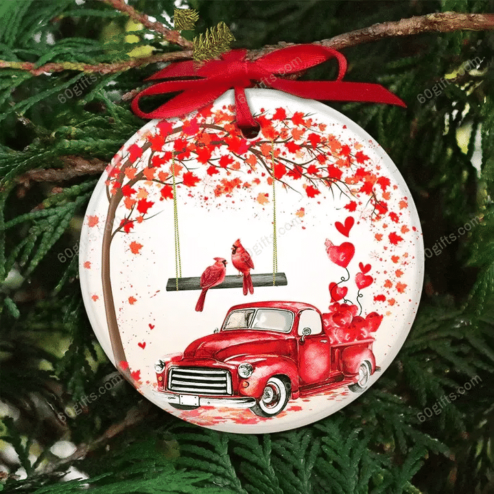 Cardinal Red Truck Christmas Circle Ceramic Ornament - Christmas Gift For Family, For Her, Gift For Him Two Sided Ornament
