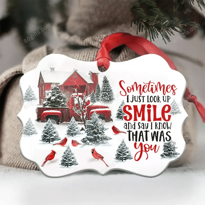 Cardinal Sometimes I Just Look Up Christmas Medallion Metal Ornament - Christmas Gift For Family, For Her, Gift For Him Two Sided Ornament