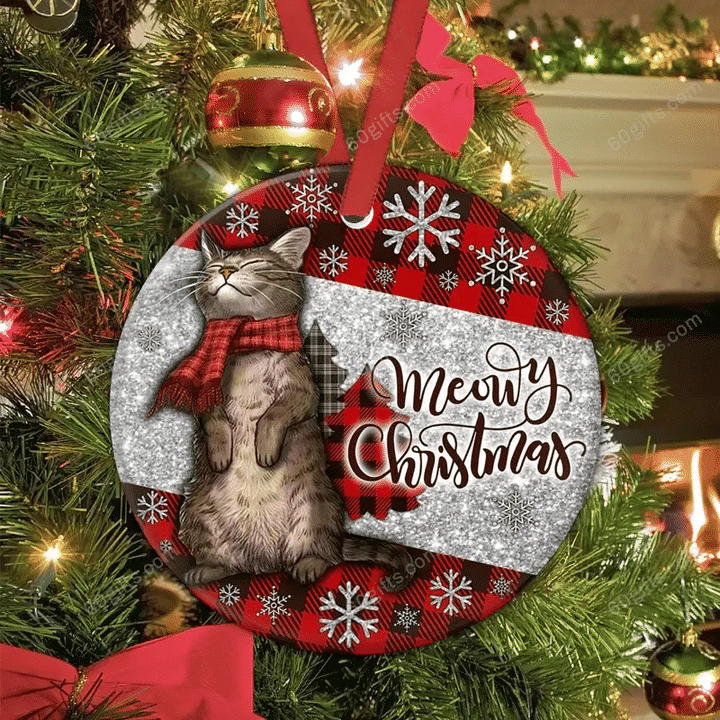 Cat Christmas Art Circle Ceramic Ornament - Christmas Gift For Family, For Her, Gift For Him Two Sided Ornament