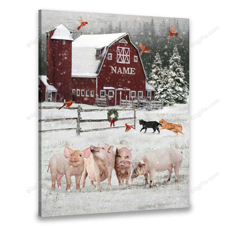Merry Christmas & Happy New Year Custom Inspirational & Motivational Art Unique Cute Pigs And Running Cats - Personalized Canvas Print Home Decor