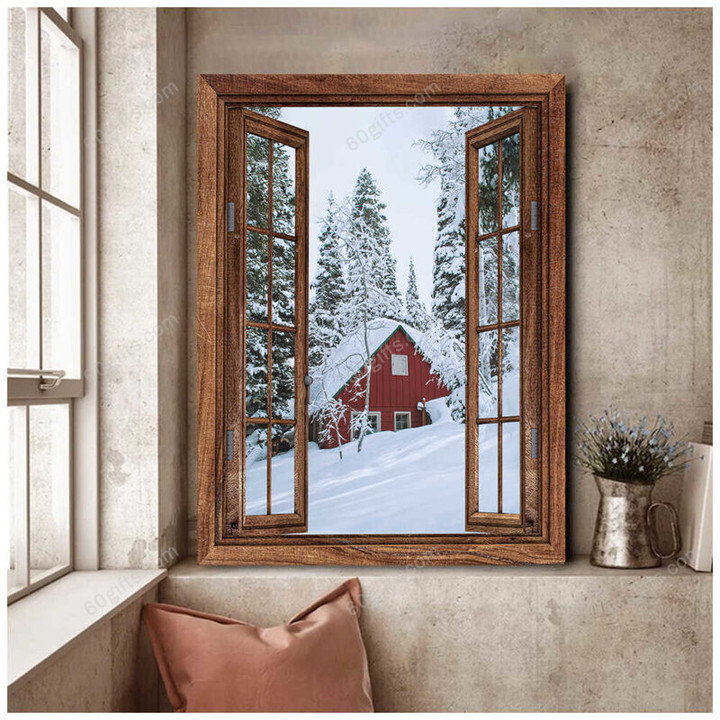 Merry Christmas & Happy New Year Inspirational & Motivational Art Unique Red Barn In Winter Scenery Through Rustic - Canvas Print Home Decor