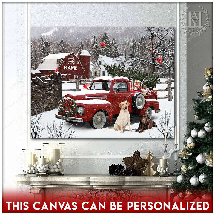 Merry Christmas & Happy New Year Custom Inspirational & Motivational Art Unique In The Country With Pickup Truck And Cute Dogs - Personalized Canvas Print Home Decor