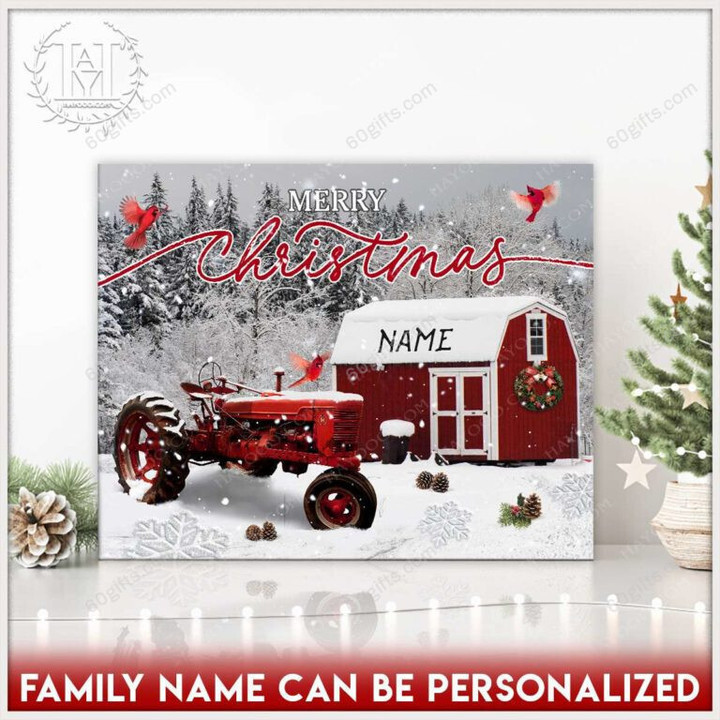 Merry Christmas & Happy New Year Custom Inspirational & Motivational Art Unique Barn With Red Tractor - Personalized Canvas Print Home Decor