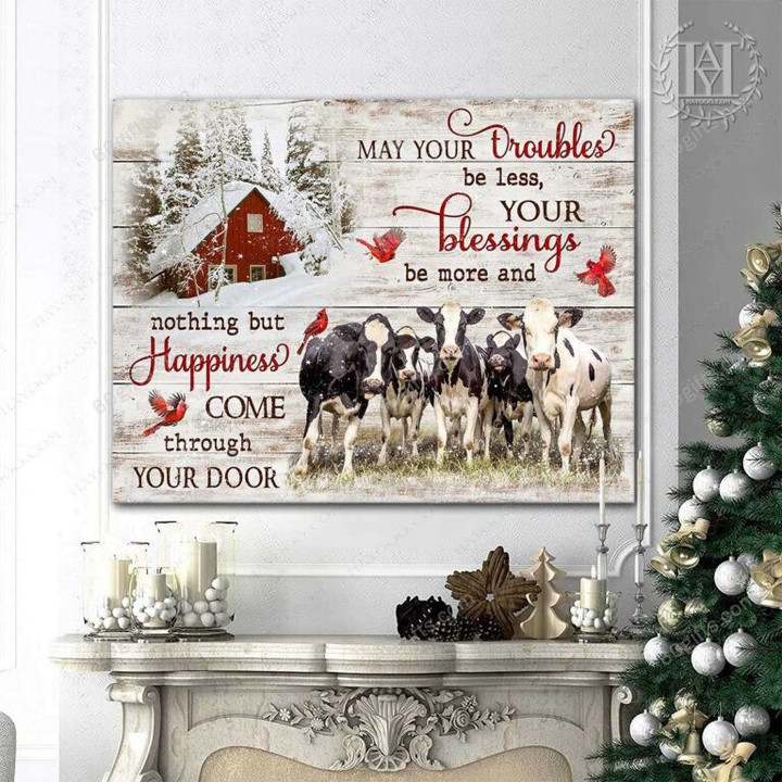 Merry Christmas & Happy New Year Inspirational & Motivational Art Unique Snowy Red Barn And Cute Dairy Cows - Canvas Print Home Decor