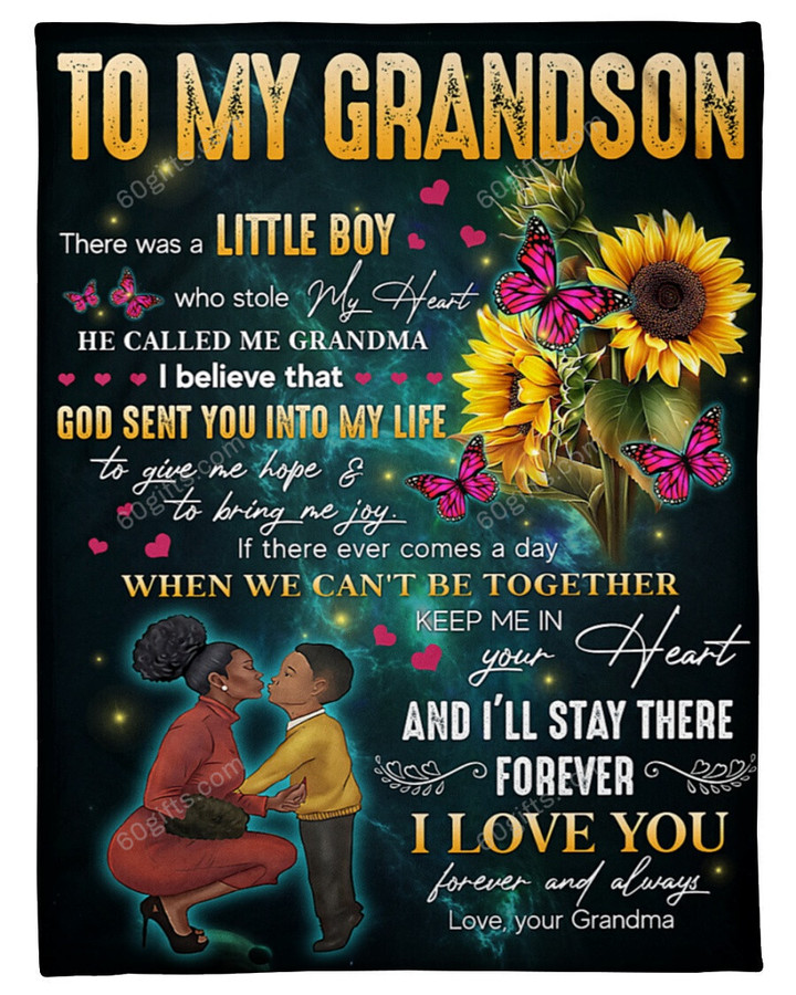 Merry Christmas & Happy New Year African American A Little Boy Who Stole My Heart Grandma To Grandson Sunflower Fleece Blanket