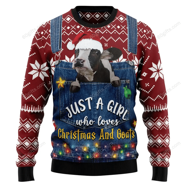 Merry Christmas & Happy New Year 3d Ugly Christmas Sweatshirt Just A Girl Who Loves Christmas And Cows Aparel All Over Print