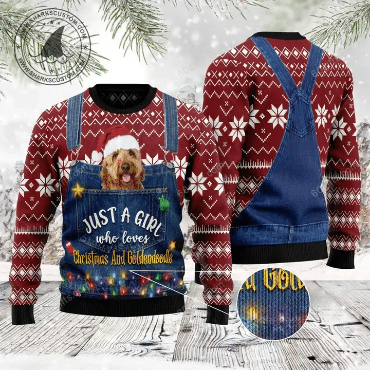 Merry Christmas & Happy New Year 3d Ugly Christmas Sweatshirt Just A Girl Who Loves Christmas And Goldendoodle Aparel All Over Print