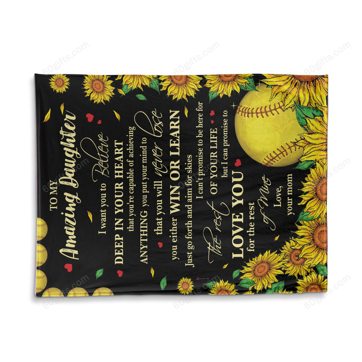 Happy Birthday Gifts 2023 Mom To My Amazing Daughter Deep In Your Heart Softball Sunflower Fleece Blanket