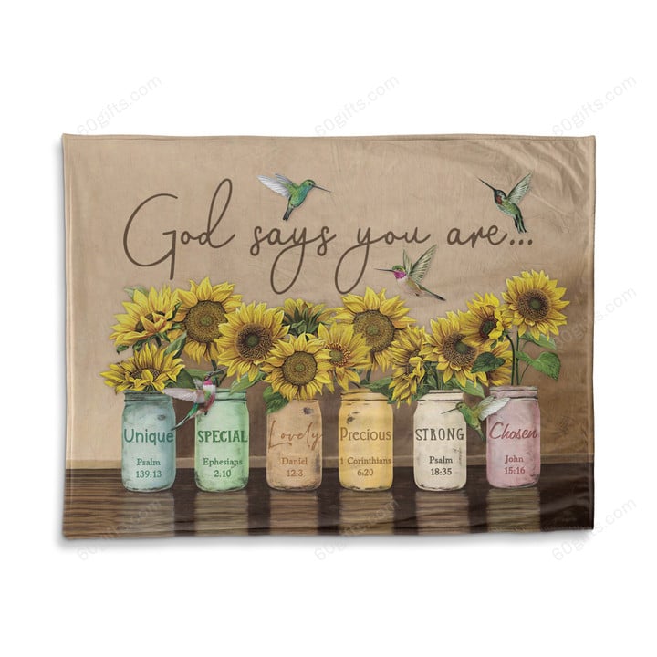 Happy Birthday Gift Inspirational & Motivational Blanket Ideas 2023 God Says You Are Sunflower & Hummingbirds Fleece Blanket