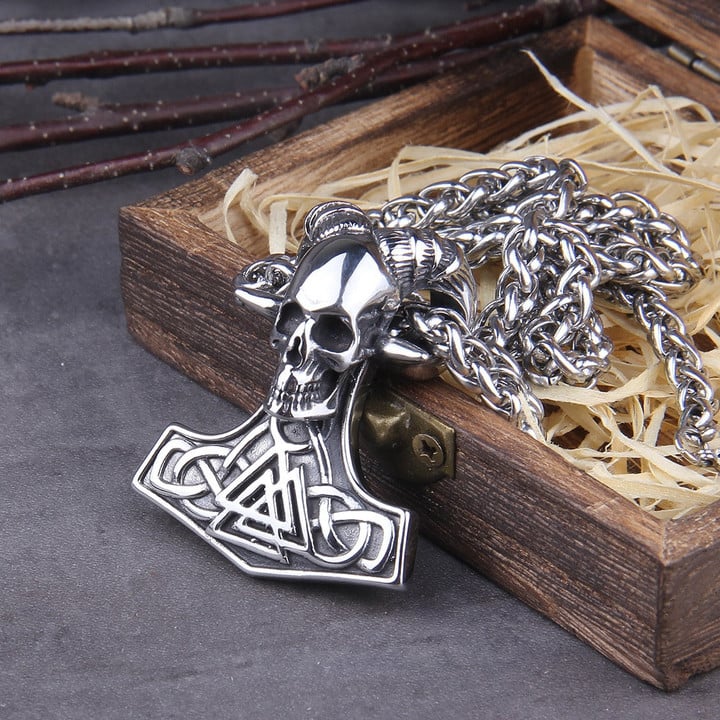 Viking Necklace Rune Skull Head Pendant