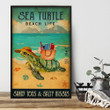 Turtle Relaxing On The Beach Poster - Sandy Toes And Salty Kisses Canvas Home Décor Gifts For Kids Children