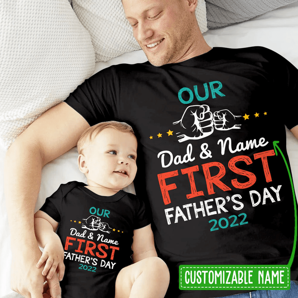 Our First Father's Day Personalized Matching Shirt Onesie Gift for Dad and Baby