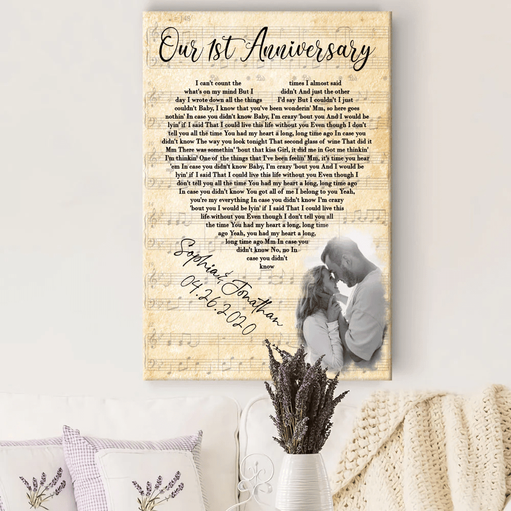 1st Wedding Anniversary Couple Song Lyric Photo Personalized Canvas