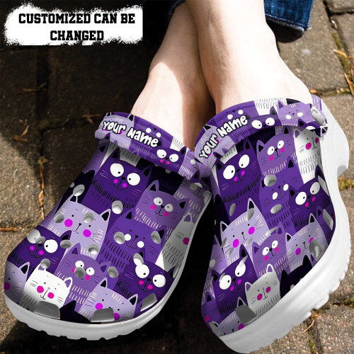 Cat Chibi Anime Cute Purple Clog Shoes Shoes- Funny Cat Face Pattern Shoes Clog Shoes Clogs Customize Birtdahy Gift- CR-NE0179