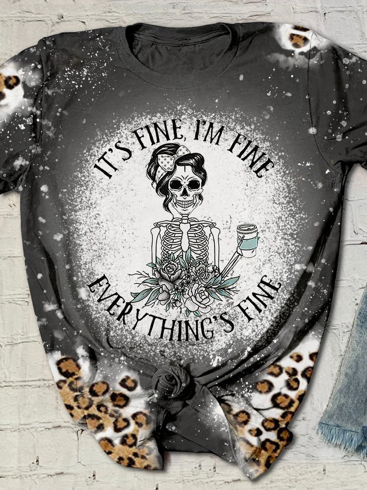 Roses And Skeleton Tattoo - Everything's Fine Leopard 3D Hoodies T-Shirt Long Sleeve Gifts For Women Friends Girls Sister Niece