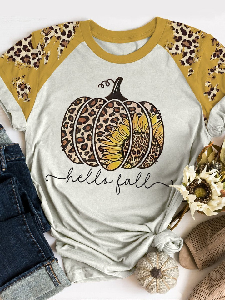 Sunflower Pumpkin Leopard T-shirt - Hello Fall 3D Hoodies T-Shirt Long Sleeve Gifts For Friends Men Women