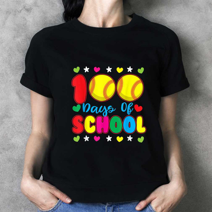 Softball 100 Days Of School T-Shirt Gift For Teacher Kids